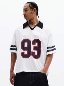 SUMWON Oversized Fit Numbered Polo Shirt With Navy Collar And Sleeve Stripes For Casual Wear - White - View 4