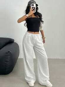 Teen Girls Casual Loose Fit Low Waist Elastic Waistband Wide Leg Sweatpants, Suitable For Spring, Summer, Autumn And Winter - Light Grey - View 10