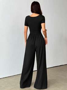 Flirla Women's Square Neck Sexy Casual Minimalist Wide Leg Short Sleeve Jumpsuit, Spring/Summer - Black - View 2