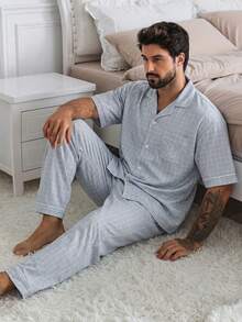 DAZY 男士短袖衬衫和裤子睡衣套装，夏季 - 藍色 - 查看 3