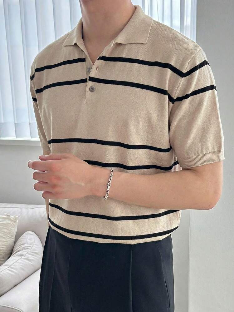 Men's Striped Polo Collar Knit Sweater, Spring/Summer