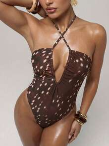 SHEIN BAE 女士性感优雅浪漫印花吊带露背镂空高开衩连体泳衣，度假装 - 棕色 - 查看 8