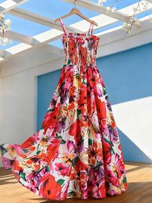 Franclia Spaghetti Strap Dress / Pleated Design Long Cake Skirt / Fresh Summer Beach Vacation Dress - Multicolor - View 2