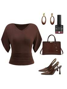 Ellevyn Áo thun nữ cổ chữ V tay ngắn xếp ly màu trơn kiểu dáng thường ngày - Màu nâu  Mocha - Xem 9