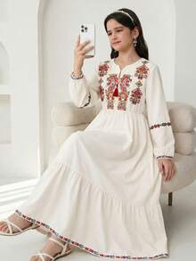 Girls & Women Middle Eastern/Arabic Style V-Neck Long Sleeve Casual Printed Robe, Suitable For Party, Leisure, Commuting - White - View 2