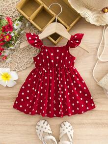 SHEIN Newborn Baby Girl Casual Vacation Cute Red Polka Dot Flutter Sleeve Dress - Red - View 2
