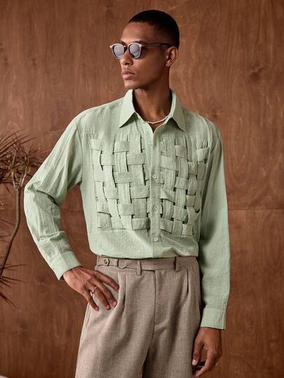 AKNOTIC Business Casual Men's Casual Vacation Style Jade Green Woven Striped Long Sleeve Shirt, Spring/Autumn Olive Green Men Shirt Men Long Sleeve Shirt Guayabera Shirt Men Green Shirt Sage Green Shirt Men