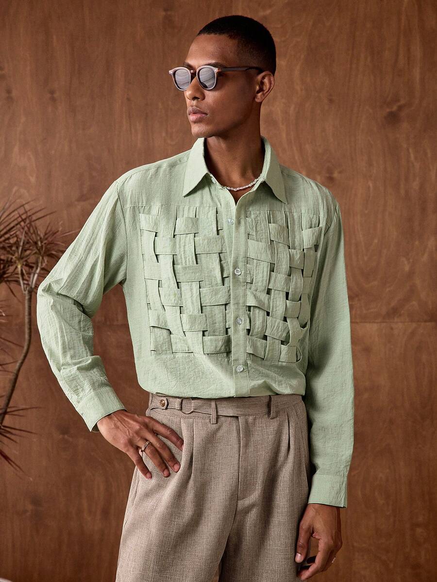 AKNOTIC Business Casual 男士休闲度假风玉绿色条纹长袖衬衫，春秋季