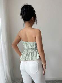 Rafferiza 女士奢华优雅花卉抹胸不对称上衣 - 綠色 - 查看 2