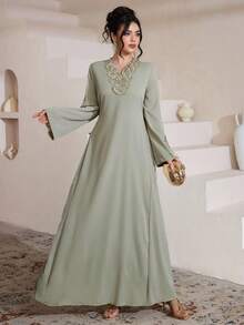 Al Najma Solid Color Applique Tie-Up Cinched Waist Elegant Flared Dress For Women - Green - View 8