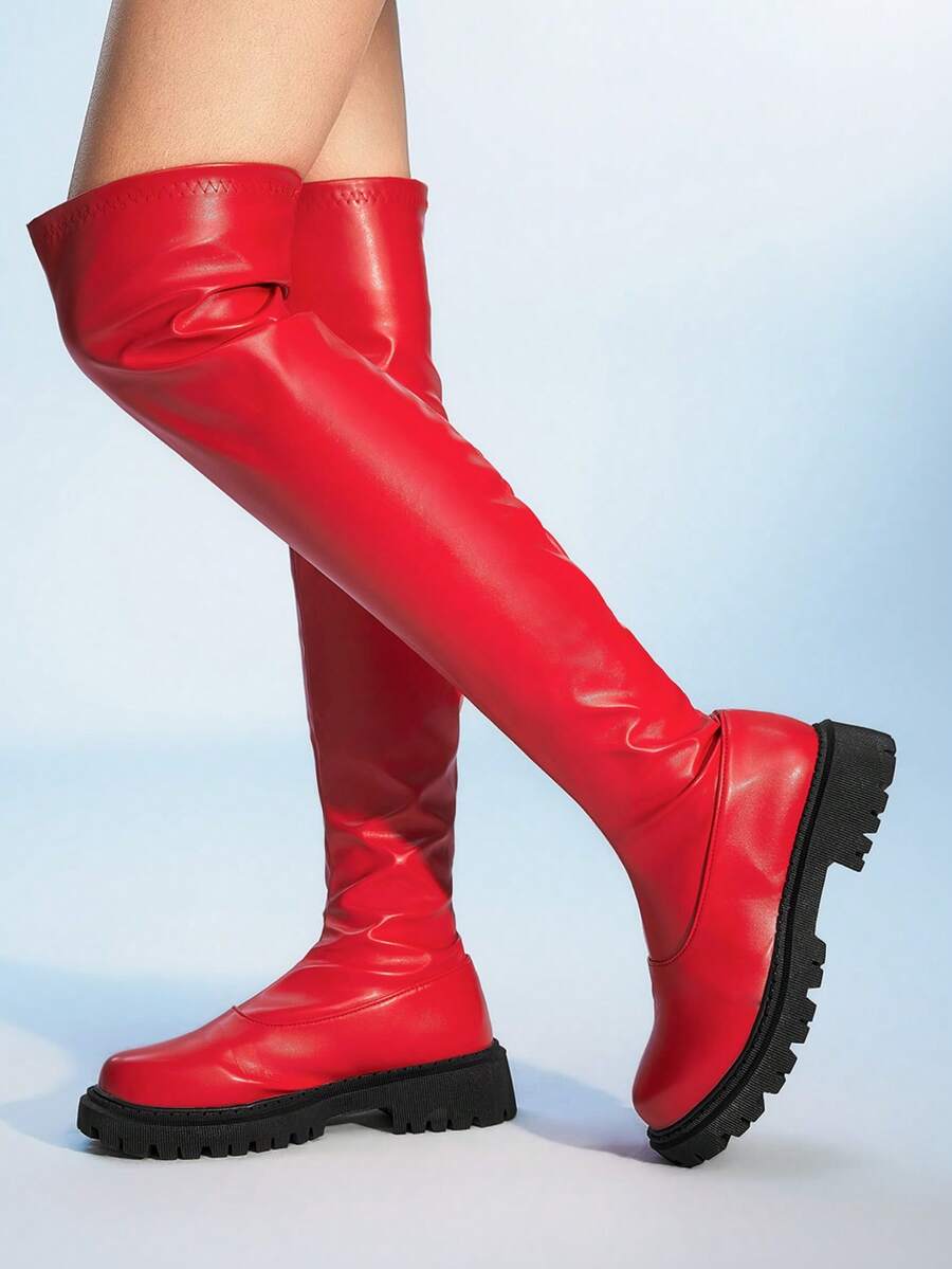 Sugerpunk Women Fashion Solid Simple Round Toe Over-The-Knee Boots Valentine's Day - Red - View 1