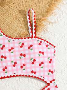 SHEIN Tween Girls Swimsuit, Cherry Plaid Spaghetti Strap Bikini With Ruffled Hem, Two-Piece Swimwear Student Beach Vacation Hot Spring Sweet Swimsuit Cherry Bathing Suit Cherry Swimsuit Gingham Bathing Suit Pink Cherry Bathing Suit High Waisted Swimsuit Fruit Print Swimsuit Checkered Swimsuit Gingham Swimsuit Sleeveless Bathing Suit Girls Swimwear Cherry Print Cherry Print Two Piece Swimsuit Pink Gingham Cherry Swimsuit One Shoulder Cherry Swimsuit Girls Cherry Swimsuit Pink Checkered Cherry Bikini High Waist Cherry Bikini - Pink - View 6