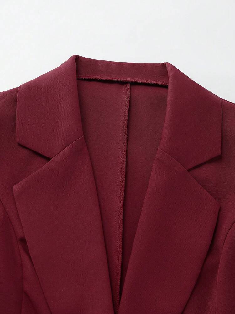 Franclia Women's Everyday Wear: Elegant And Versatile Burgundy Collared Short-Sleeved Blazer Paired With A Mesh Embroidered Midi Skirt (A-Line). Women's Spring/Summer Two-Piece Suits, Women's Red Spring/Summer Two-Piece Suits, Women's Mesh Embroidered Two-Piece Suits, Women's 3D Floral Skirt Suits, Women's Banquet Two-Piece Suits, Women's Party Suits, Women's Elegant Suits, Women's Casual Suits, Women's Bridesmaid Suits, Women's Valentine's Day Suits, Women's Date Suits, Women's Teacher Commuting Two-Piece Suits, Women's Valentine's Day Outfits, Women's Elegant Party Outfits, Women's Elegant Suit Suits And Skirt Suits. - Burgundy - View 8