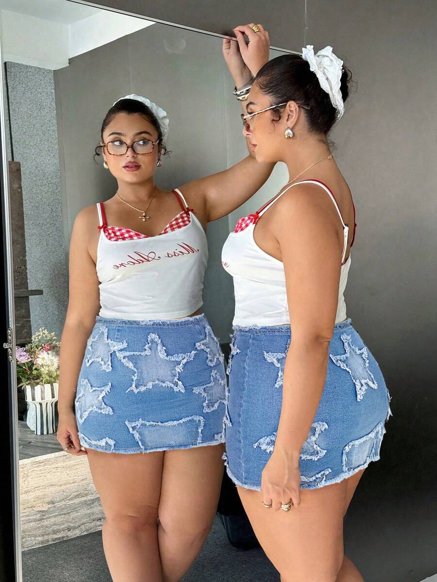 SHEIN ICON Plus Size Sexy Tight Stretch Denim Mini Skirt, Black - Light Wash - View 1