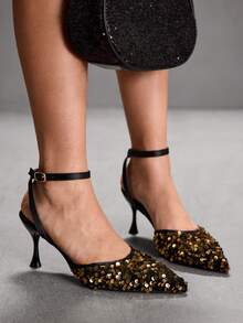 CUCCOO SZL Zapatos de mujer de tacón alto con diseño de lentejuelas brillantes para banquetes, fiestas y uso nocturno - Dorado - Ver 5