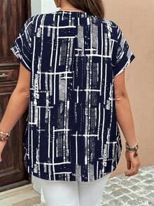 EMERY ROSE 大码撞色印花休闲短袖衬衫 - 藏蓝色 - 查看 2