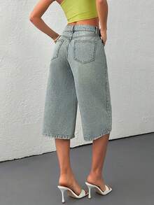 EURMUSE Quần short denim dáng rộng, thoải mái, đã qua xử lý giặt. - Rửa trung bình - Xem 2