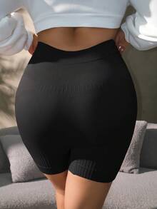 SHEIN 1件装加大码无缝高腰竖条纹塑身裤 - 黑色 - 查看 2