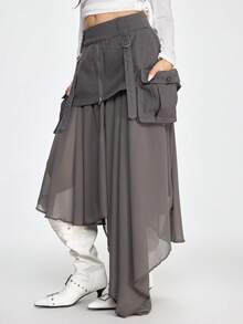 ROMWE Grunge Punk Váy ngắn denim chiffon phối họa tiết đinh tán kim loại màu xanh hải quân kiểu punk, vạt bất đối xứng. - Xám - Xem 4