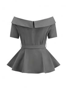 Ellevyn 1 Set Off-Shoulder Blazer Top And Wide-Leg Pants Suit, Suitable For Commuting, Office Wear, Classic & Elegant - Grey - View 3