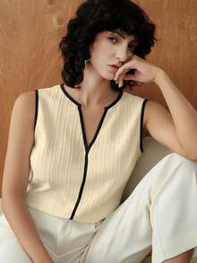 Pariaura Blusa casual da donna con scollo a V e senza maniche - Albicocca - Visualizzare 7