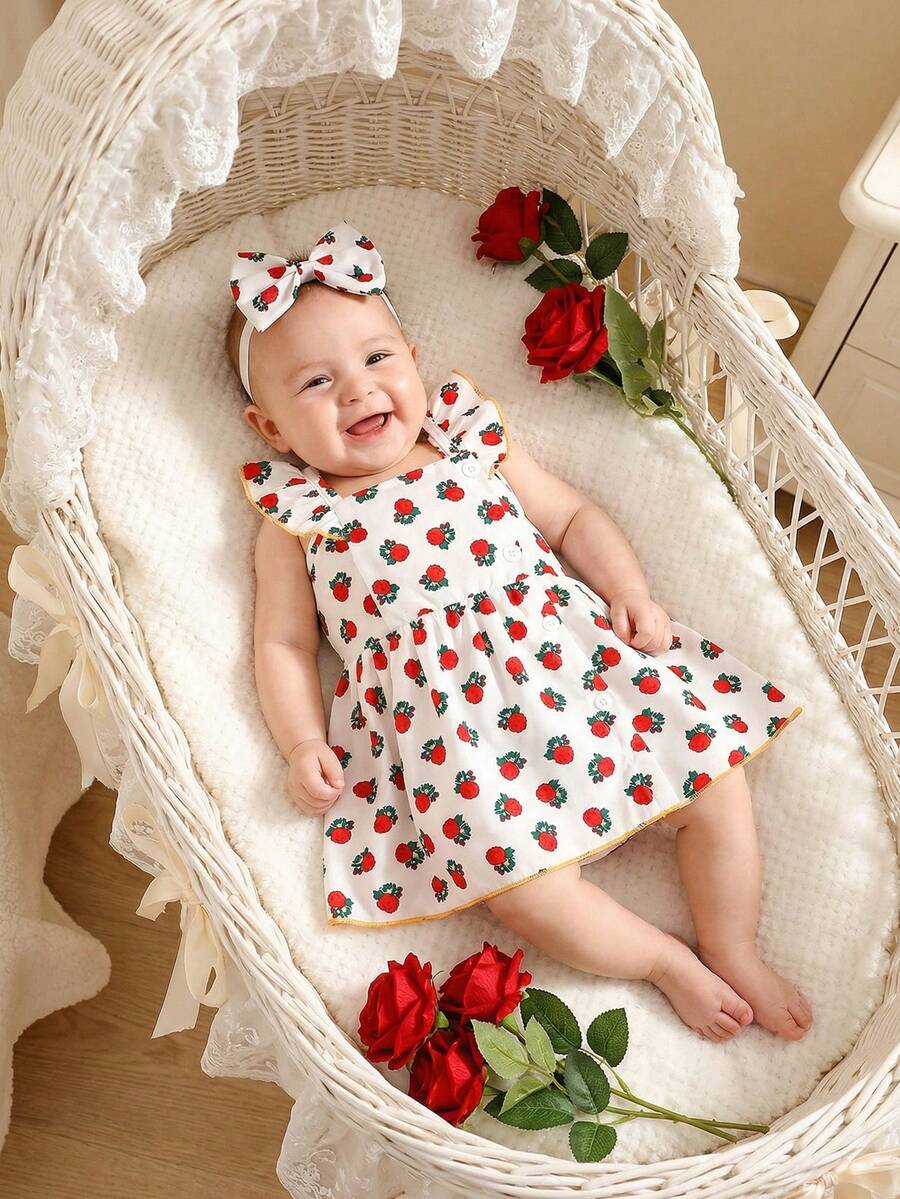 SHEIN 2件套女婴可爱水彩花卉印花无袖连衣裙和发带套装，夏季 - 紅色 - 查看 1