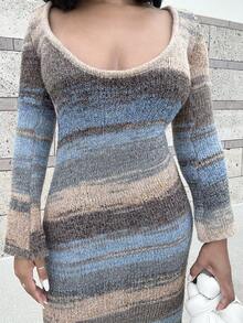 Alexandranx 女式新款秋冬百搭复古条纹针织紧身连衣裙，性感露背长袖修身长款针织连衣裙 - 紫色 - 查看 6