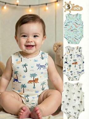 SHEIN Vintaside Kids Conjunto de 3 piezas casual de verano para bebé unisex - body de tirantes, blanco, negro, gris jaspeado, tela suave y cómoda, adecuado para vacaciones, viajes, escuela, reuniones diarias, ocasiones de primavera/verano