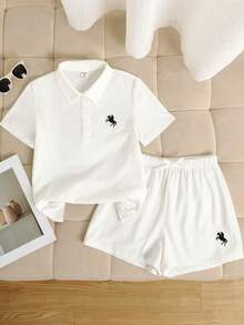 SHEIN 少女宽松休闲马图案Polo衫短裤套装 - 白色 - 查看 5
