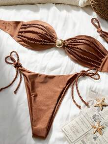 Swim Chiccia Set Bikini Bandeau Wanita Elegan Warna Cokelat Kopi dengan Dekorasi Tali, Baju Renang dengan Tali yang Dapat Dilepas dan Aksen Rumbai Metalik, Set Pakaian Renang Liburan Pantai Musim Panas - Coklat - View 2