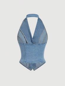 SHEIN MOD 女士时尚露背吊带无袖牛仔外套 - 藍色 - 查看 2