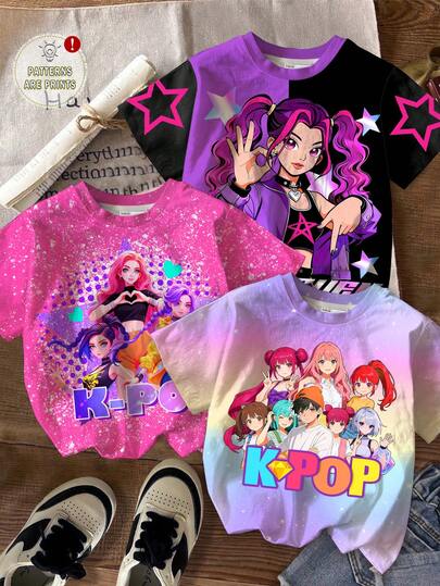 SHEIN Casual Stylish Street Fashion Cute Cartoon Anime Young Girl Band Graphic T-Shirts, Adorable Anime K-POP, Cream Pink, Tie Dye Tie-Dye, Black & Purple Color Block