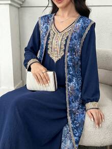 Teen Girl Loose Casual Minimalist Comfortable V-Neck Print Gold Collar Floral Dress & Cardigan Jacket Set KIDS - Blue - View 2