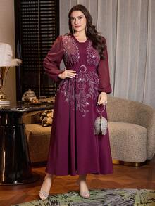 Modelyn Vestido elegante de línea A de manga larga de gasa con unicolor y flores de strass para tallas grandes - Rojo violeta - Ver 4