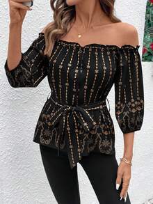 SHEIN Holidaya 1pc Women's Off-Shoulder Button Waist Belt Printed Blouse - Black - View 1