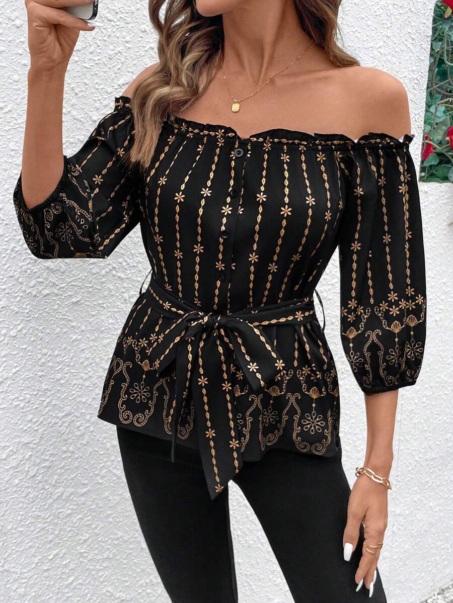 SHEIN Holidaya 1pc Women's Off-Shoulder Button Waist Belt Printed Blouse - Black - View 1