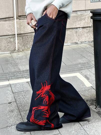 Manfinity EMRG Men's Chinese Dragon Embroidery Button Front Pocket Wide Leg Jeans Men S Embroidered Jeans Mens Embroidered Jeans