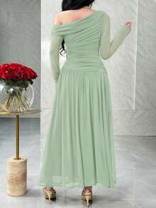 Feyla Vestido elegante de manga larga con hombro asimétrico y fruncido en unicolor para mujer - Verde Gris - Ver 2