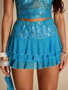 SHEIN BAE Women's Layered Lace Ribbon Design Patchwork Cake Skirt,Blue Sequined Lace-Trimmed Midi Skirt (Skirt Only)Beach Outfit For Women ,Blue,Sequin Skirt ,Casual,Vacation,Vacation Outfits Women,Party ,Beach Skirt, - Blue - View 6