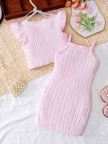 Elladie kids 少女情人节新款优雅针织连衣裙套装，蕾丝无袖背心上衣+吊带迷你连衣裙，两件套春季装 - 粉色 - 查看 2