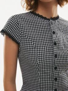 Poéselle 女士休闲格子蕾丝边衬衫，夏季 - 黑與白 - 查看 5