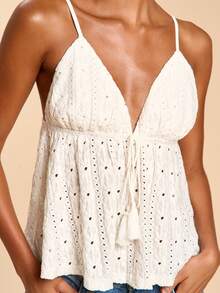 Travachic Women's Vacation Waist Tassel Tie Textured Camisole - White - View 4