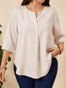 Rusticease Plus Size Women Striped V-Neck Loose Casual Shirt, Summer Tops - Yellow - View 4