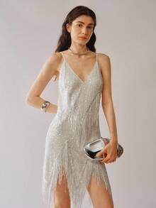 Uhlyne Petite Women's Spaghetti Strap Sequin V-Neck Tassel Hem Dress - White - View 5