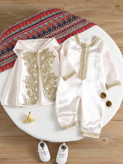 SHEIN 2pcs Newborn Baby Boy Vintage Palace Style Gold Lace Decor Long Sleeve Romper With Cape, Suitable For Formal Occasions, Birthday Party, Rave, Evening Party, Performance, Wedding, 1 Month Celebration, Christening And 1st Birthday Baby Boy Christening Suit Spanish Baby Clothes