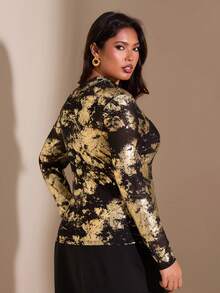 SHEIN BAE Áo nữ cỡ lớn, in họa tiết vàng, cổ đứng, chất liệu lưới xuyên thấu, tay dài, ôm sát, thích hợp cho các dịp thường ngày, hẹn hò, đi chơi đêm, câu lạc bộ, tiệc tùng, phù hợp cho hẹn hò hàng ngày, đi chơi đêm, câu lạc bộ, tiệc cưới, tiệc tùng, tiệc cocktail, áo sequin vàng ánh kim lấp lánh cho nữ, vải vàng loang, áo tay dài xuyên thấu màu đen và vàng. - Vàng - Xem 2