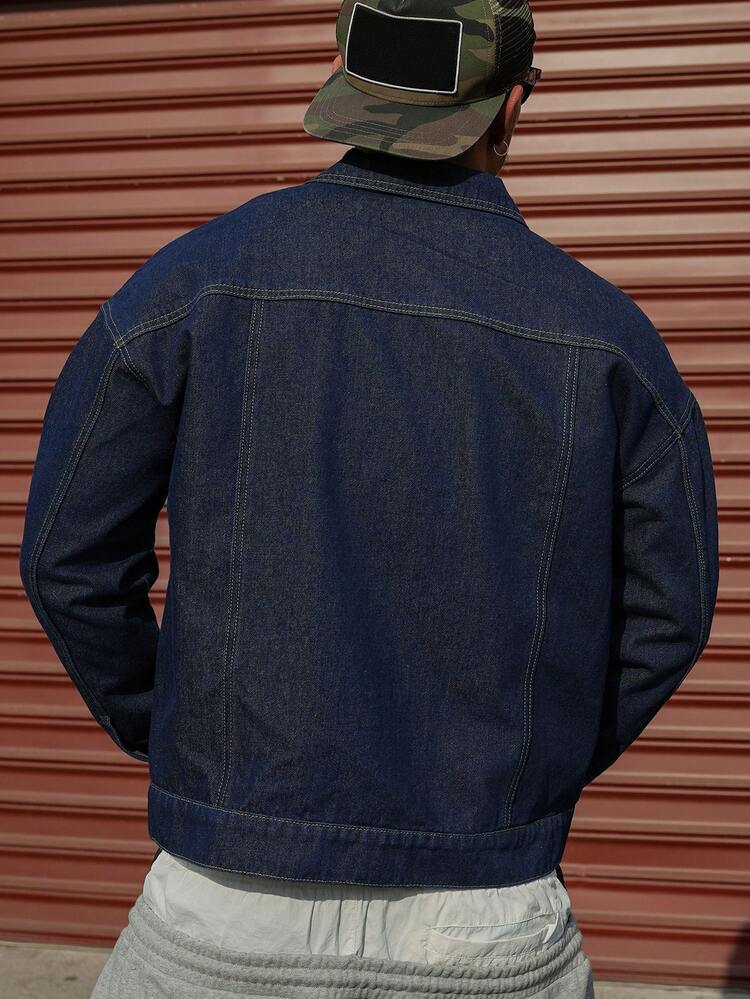 Men's Short Denim Jacket With Letter Embroidery, Navy Blue, Spring/Autumn