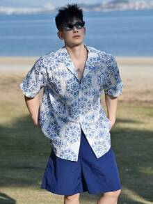 DAZY Summer Textured Floral Print Shirt Tag Solid Color Shorts Vacation Style Men's T-Shirt Set - Multicolor - View 6