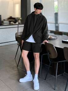 DAZY Solid Dark Grey Long Sleeve Jacket Paired With Shorts, Men's Commuter Outfit, Spring/Summer - Dark Grey - View 3