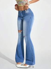 Jeanoix Dammode i slitna, tvättade, utsvängda jeans med fickor - Blå - Visa 3